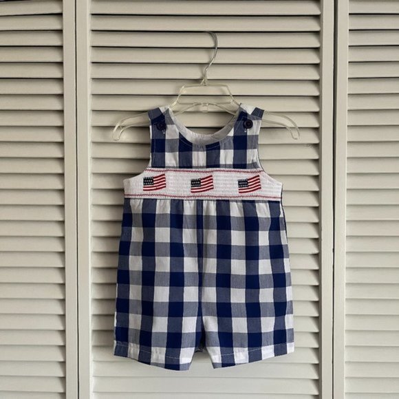 NEW with tags Good Lad American flag gingham smocked shortall boy’s sz 12 months - Picture 4 of 14